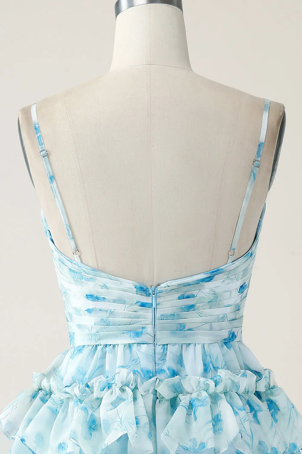 A-Line Spaghetti Straps Tiered Blue Floral Mini Dress
