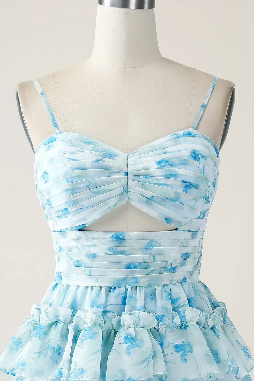 A-Line Spaghetti Straps Tiered Blue Floral Mini Dress