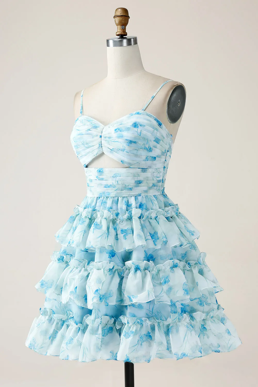A-Line Spaghetti Straps Tiered Blue Floral Mini Dress