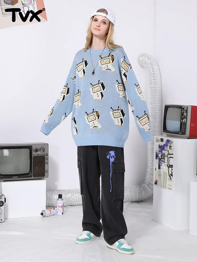 Cartoon TV man jacquard loose shoulder cuff pullover crewneck sweater
