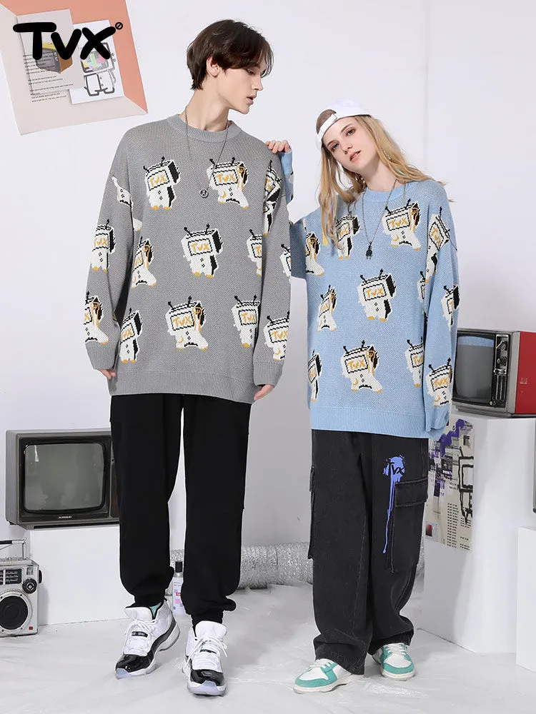 Cartoon TV man jacquard loose shoulder cuff pullover crewneck sweater