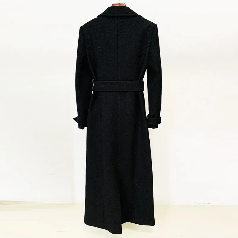 Chic Belted Long Woolen Coat for Autumn & Winter