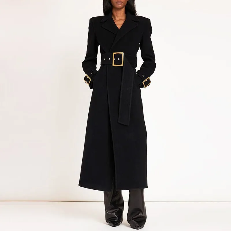 Chic Belted Long Woolen Coat for Autumn & Winter