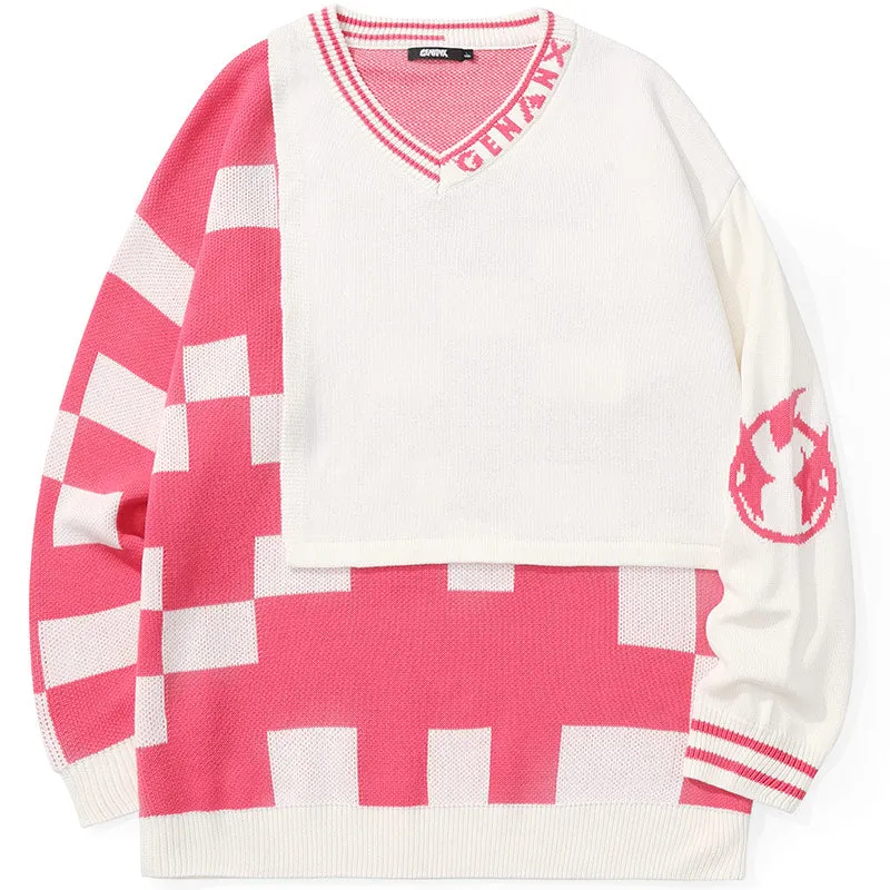 Color Block Fake Two Piece Plaid Jacquard V-Neck Sweater