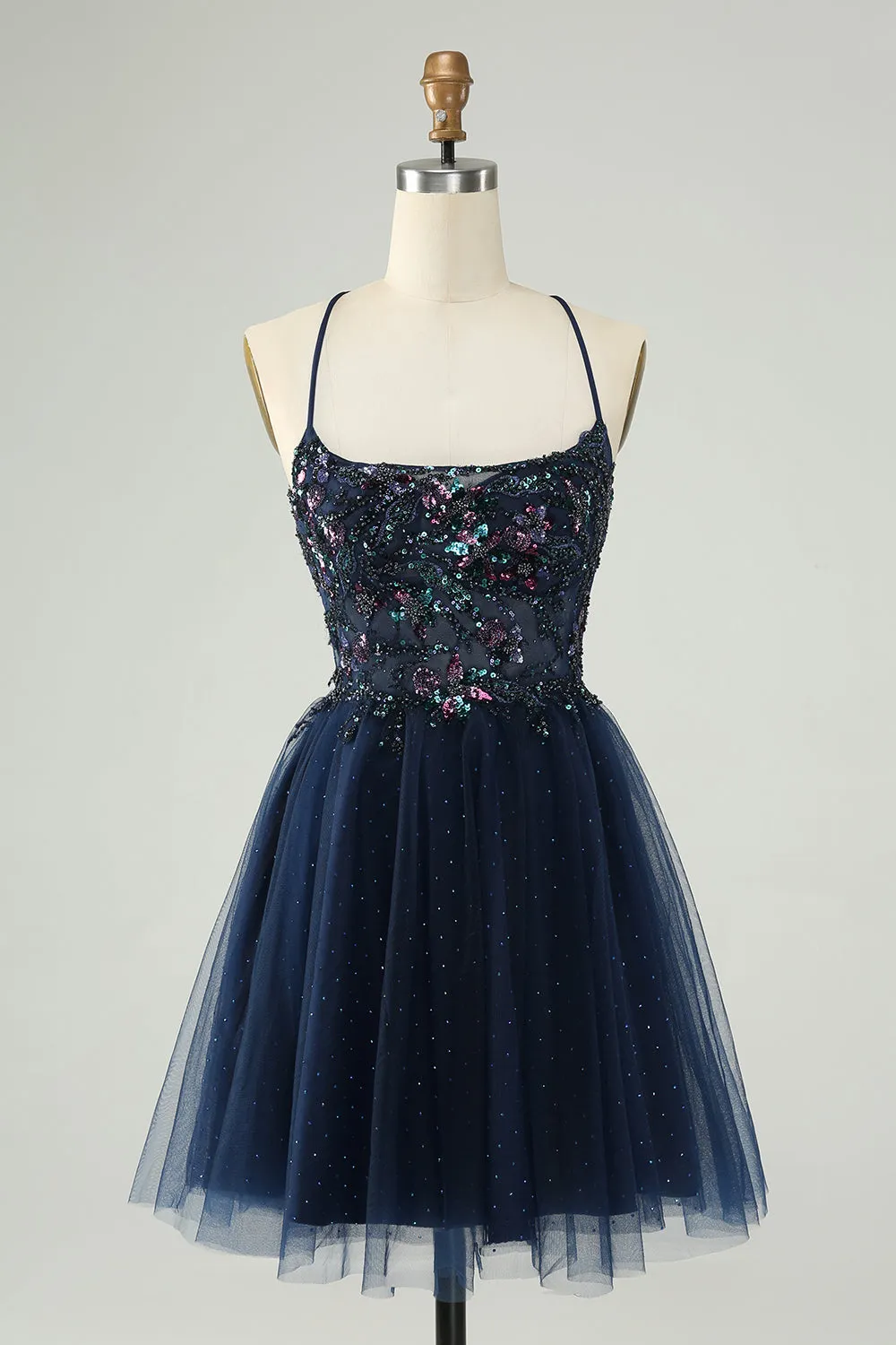 Glitter Navy A-Line Sequined Tulle Mini Dress
