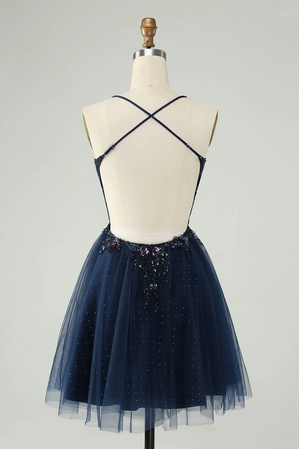 Glitter Navy A-Line Sequined Tulle Mini Dress