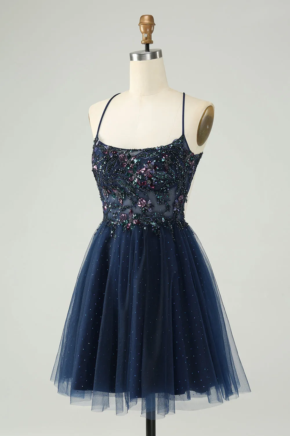 Glitter Navy A-Line Sequined Tulle Mini Dress
