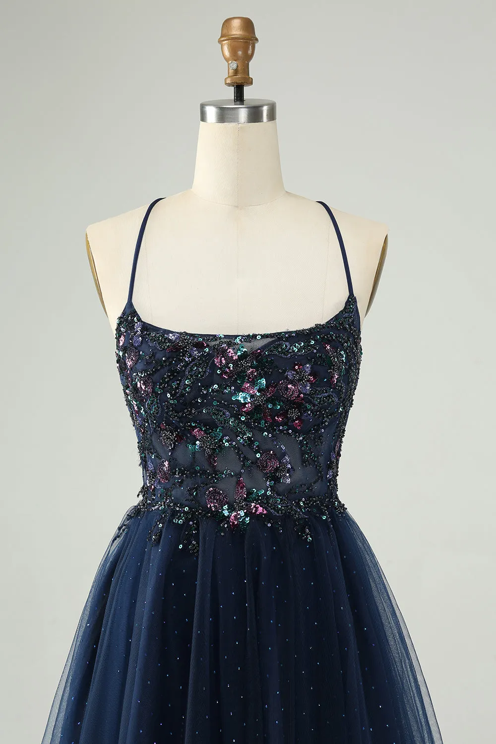 Glitter Navy A-Line Sequined Tulle Mini Dress
