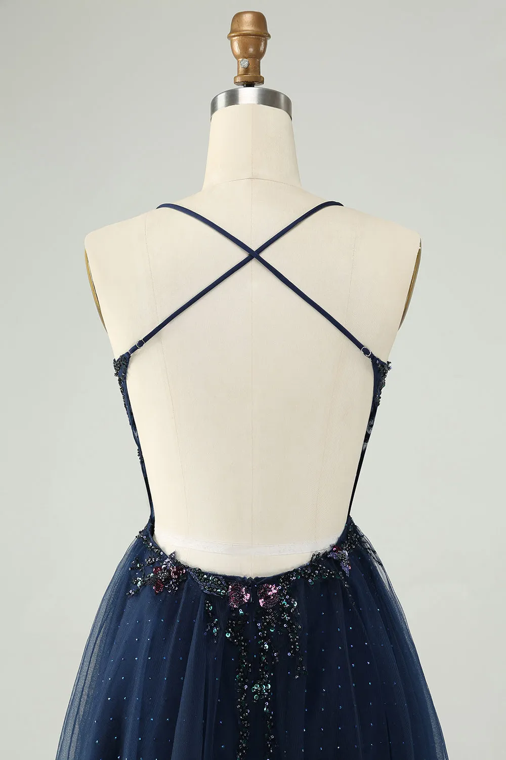 Glitter Navy A-Line Sequined Tulle Mini Dress