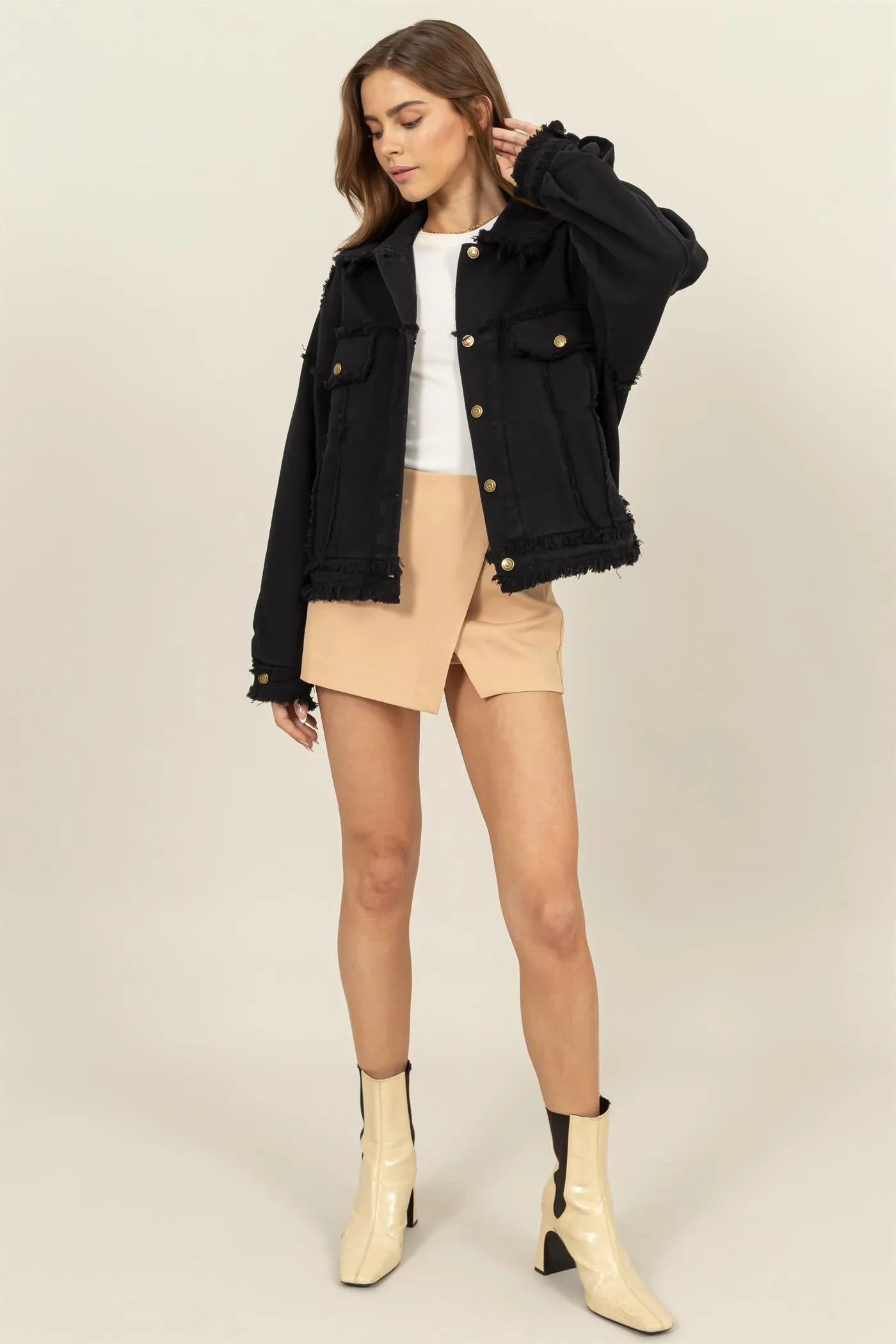 HF24E337-OVERSIZED FRAYED DENIM JACKET