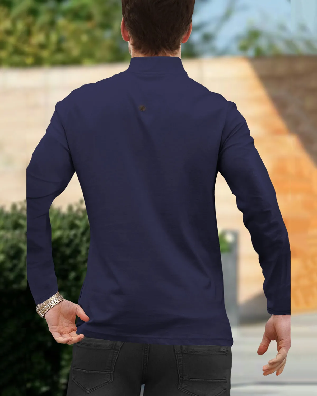 High Neck Full Sleeve Plain T-shirt / Navy Blue
