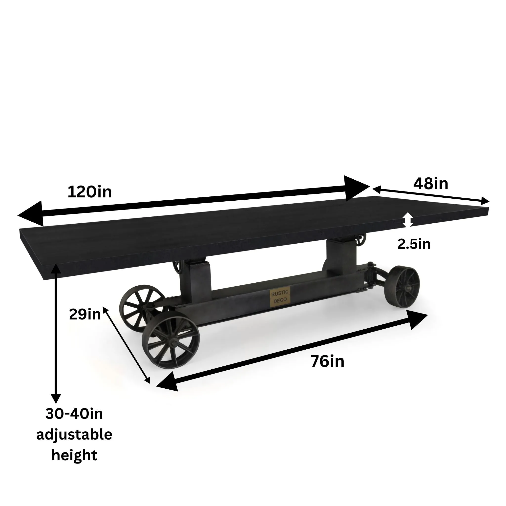 Industrial Trolley Adjustable Communal Table - Iron Wheels - Ebony 120"