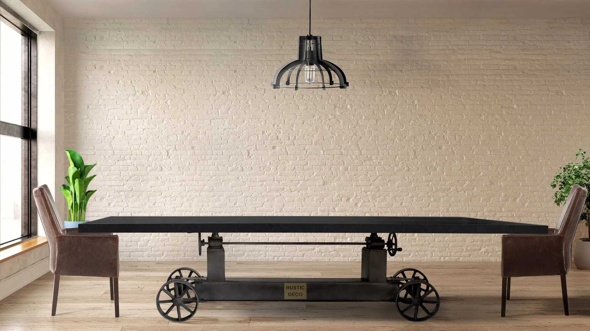 Industrial Trolley Adjustable Communal Table - Iron Wheels - Ebony 120"