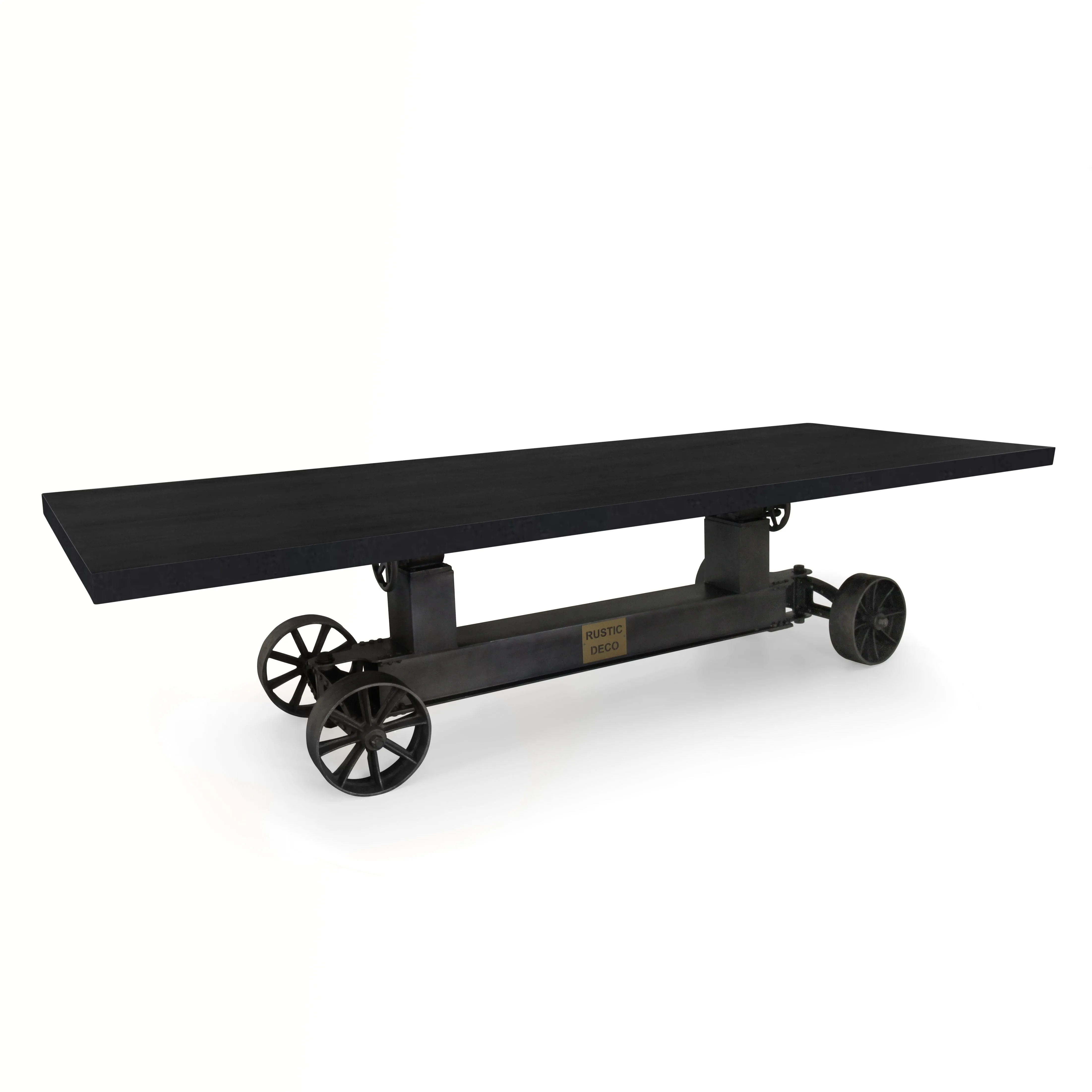 Industrial Trolley Adjustable Communal Table - Iron Wheels - Ebony 120"