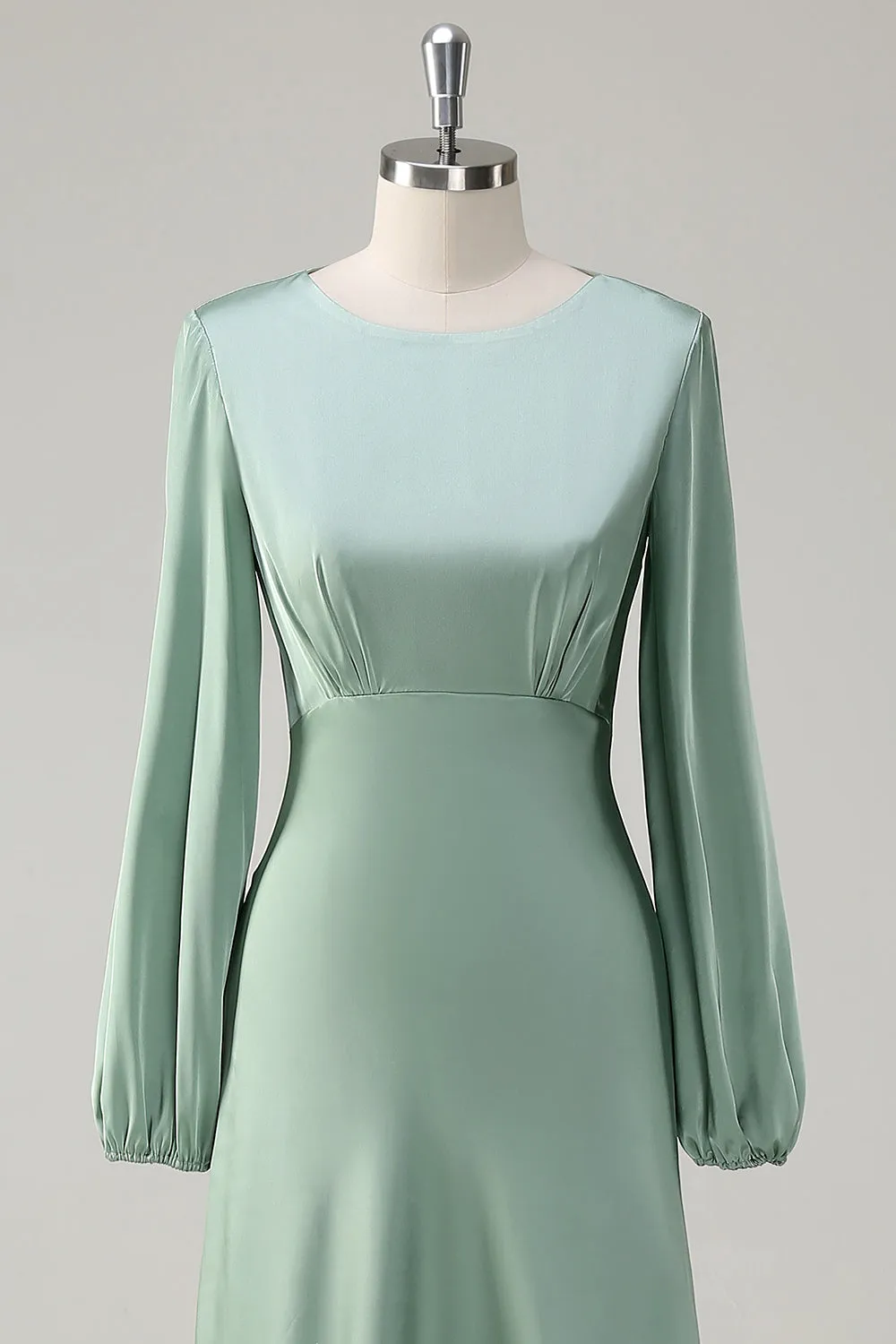 Modest Long Sleeve Round Neck Sage Bridesmaid Dress