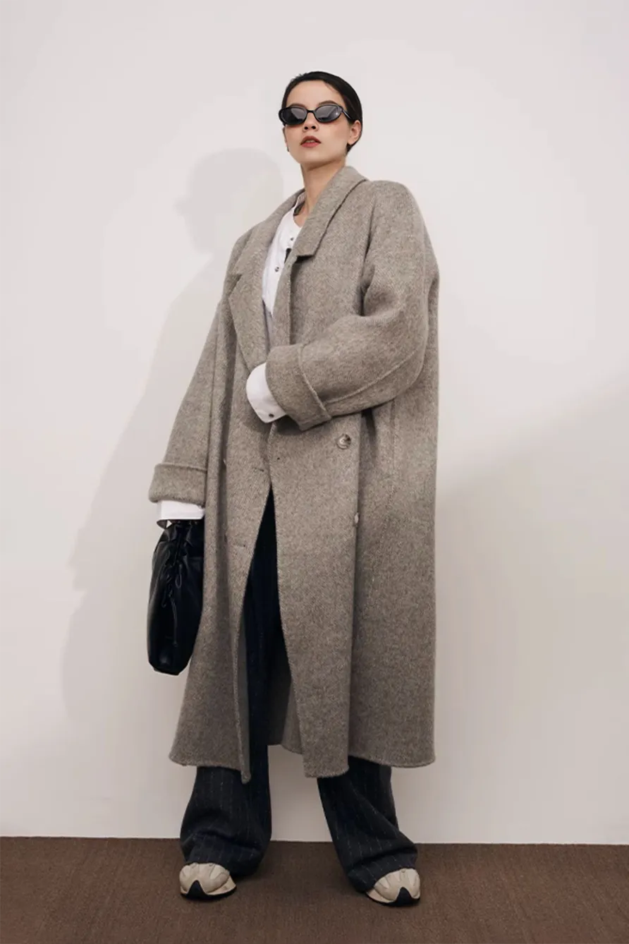 Oversized Double-breasted Long Wool Coat With Lapel Collar