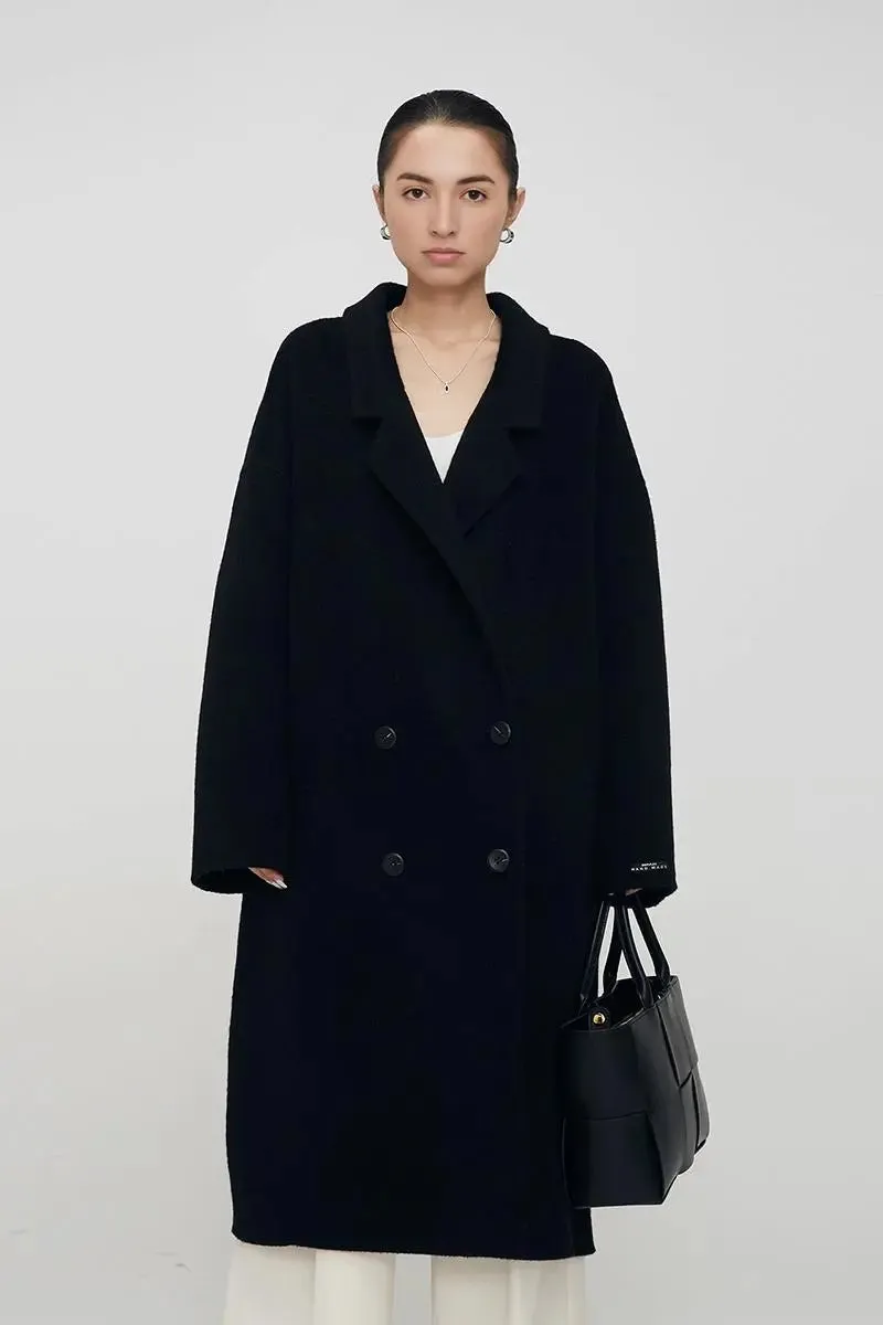 Oversized Double-breasted Long Wool Coat With Lapel Collar