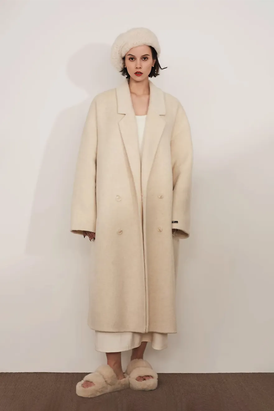 Oversized Double-breasted Long Wool Coat With Lapel Collar