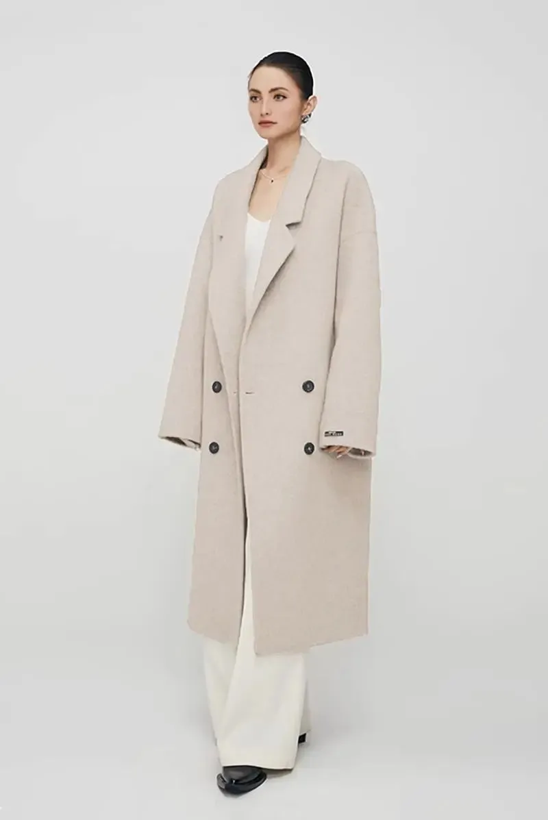 Oversized Double-breasted Long Wool Coat With Lapel Collar