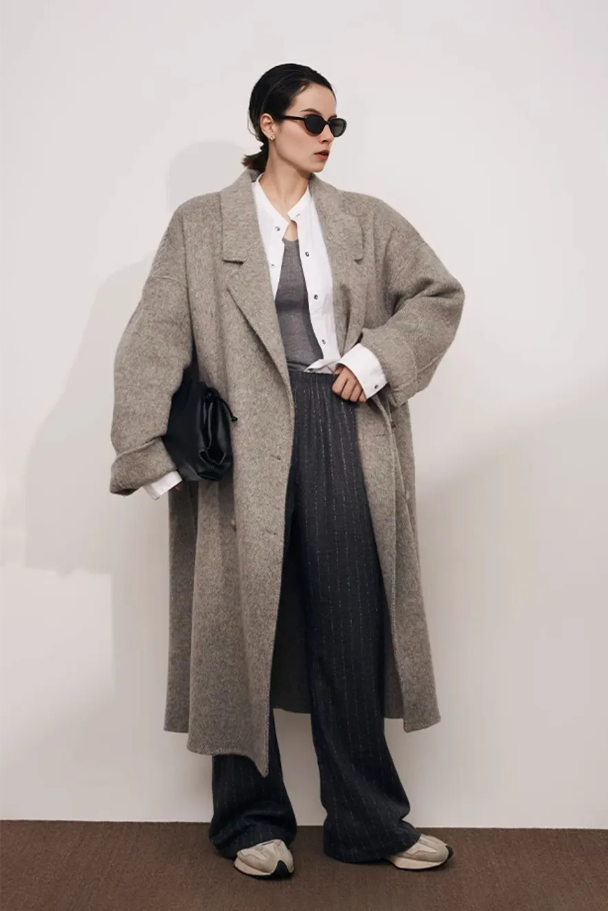 Oversized Double-breasted Long Wool Coat With Lapel Collar