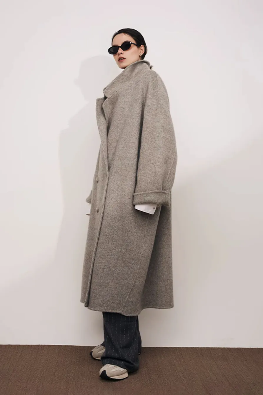 Oversized Double-breasted Long Wool Coat With Lapel Collar