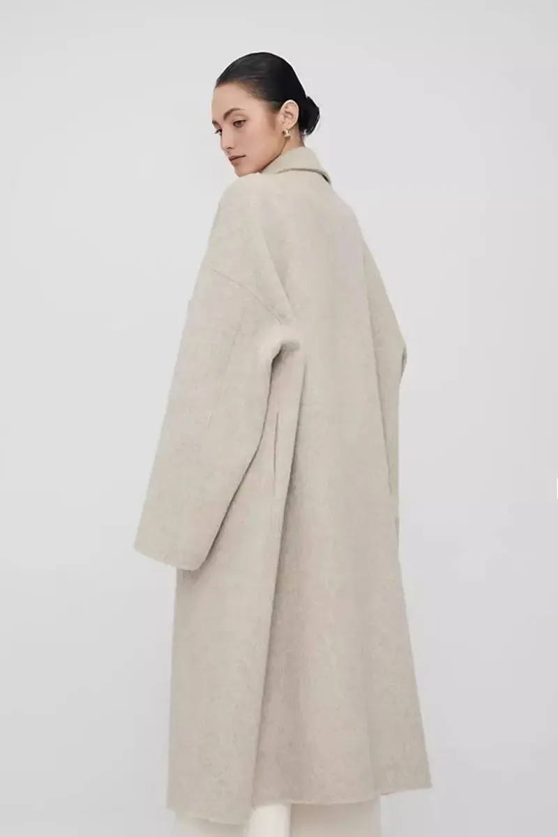 Oversized Double-breasted Long Wool Coat With Lapel Collar
