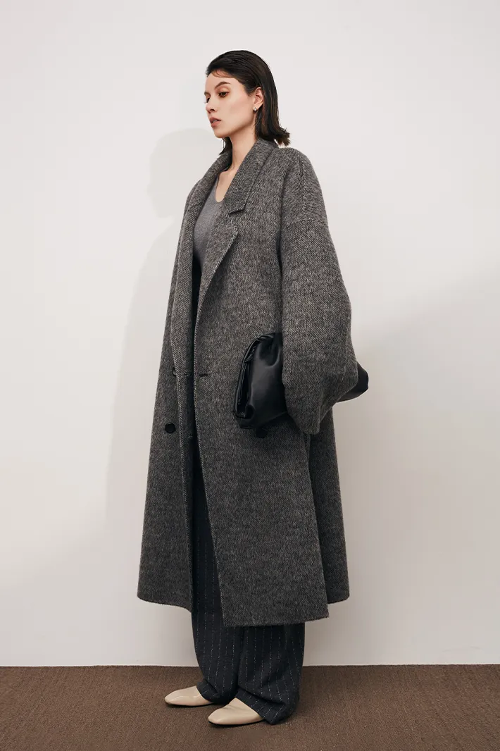 Oversized Double-breasted Long Wool Coat With Lapel Collar