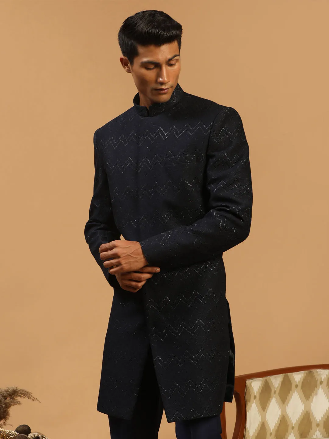 Vastramay Navy Blue Glitter Sherwani Top