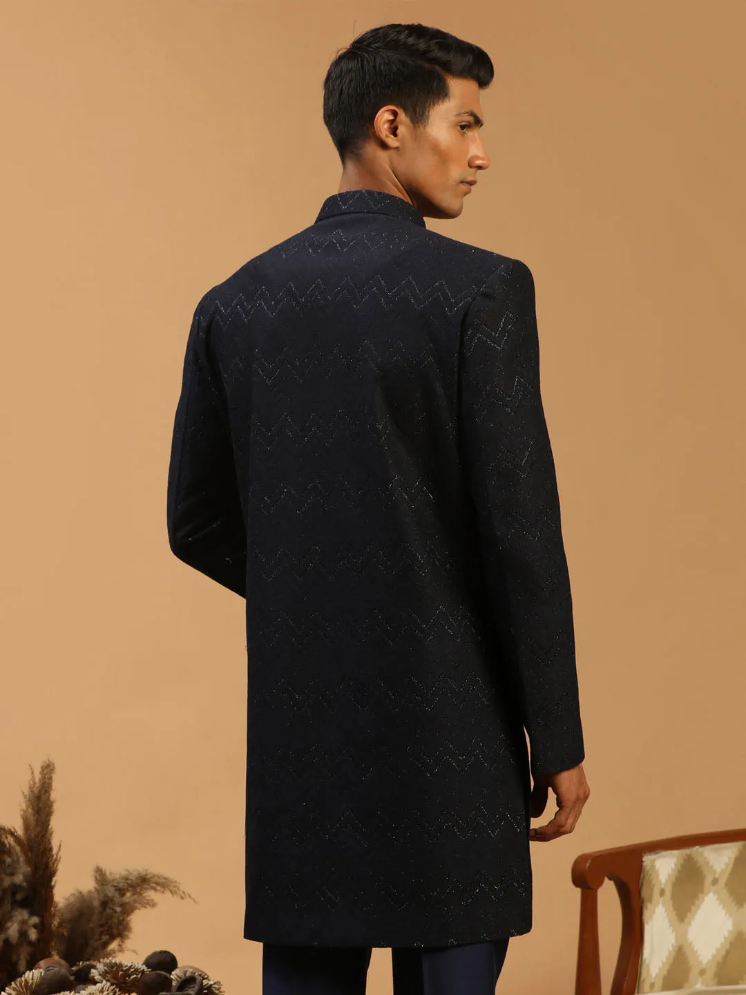 Vastramay Navy Blue Glitter Sherwani Top