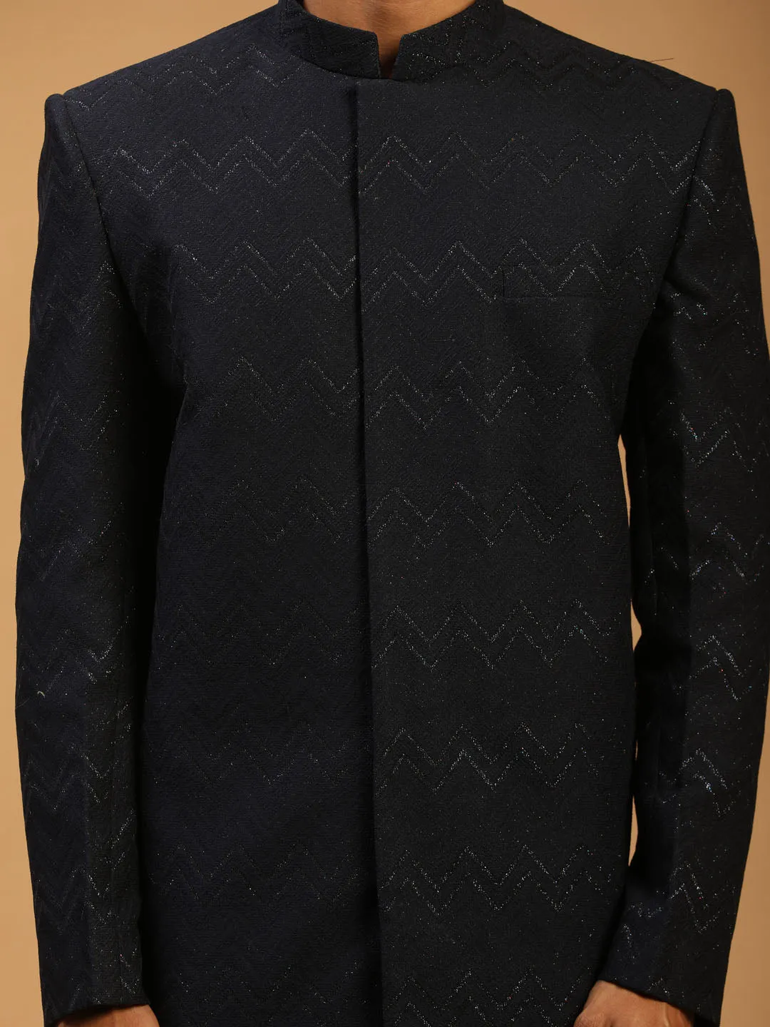 Vastramay Navy Blue Glitter Sherwani Top