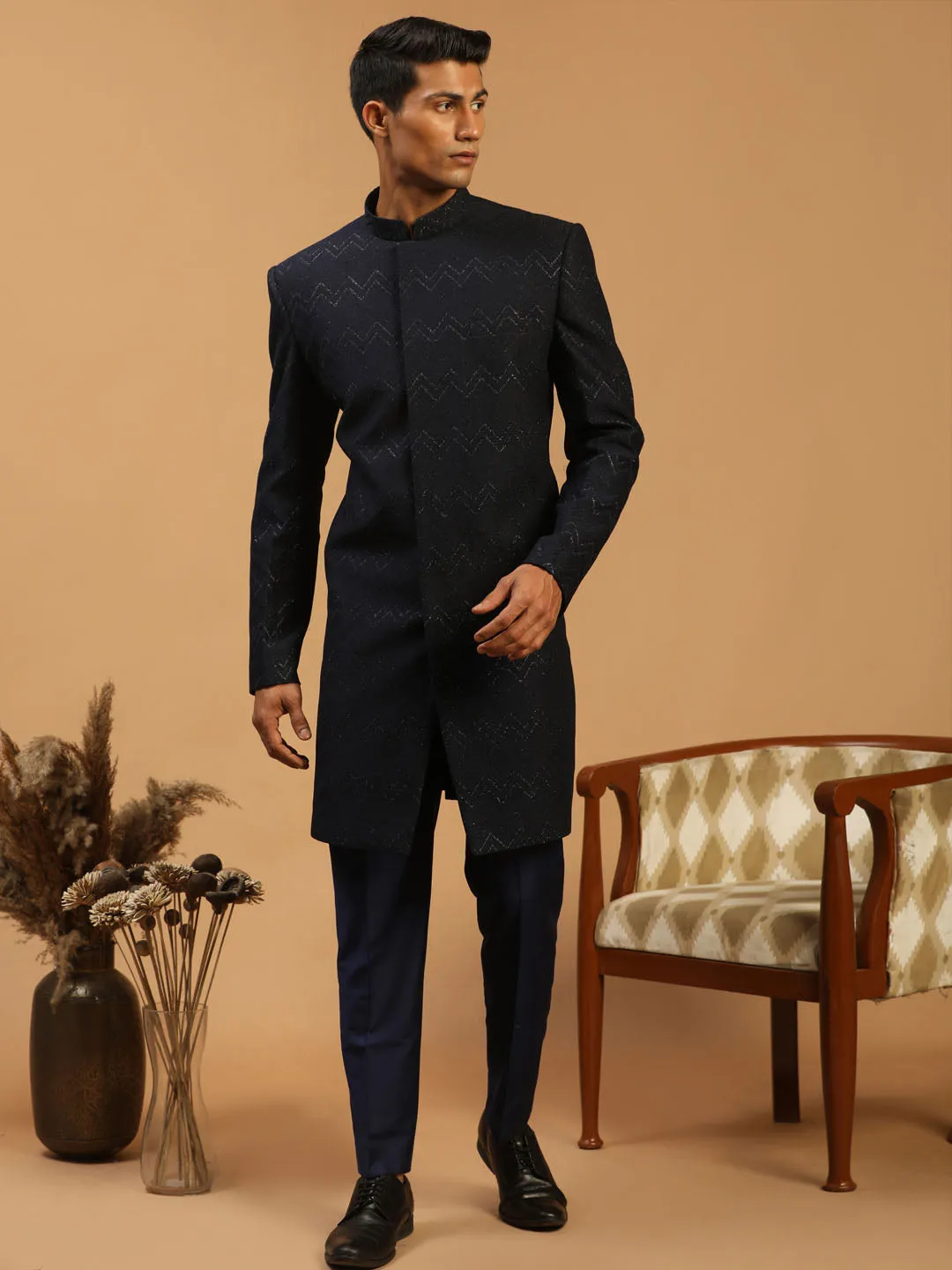 Vastramay Navy Blue Glitter Sherwani Top
