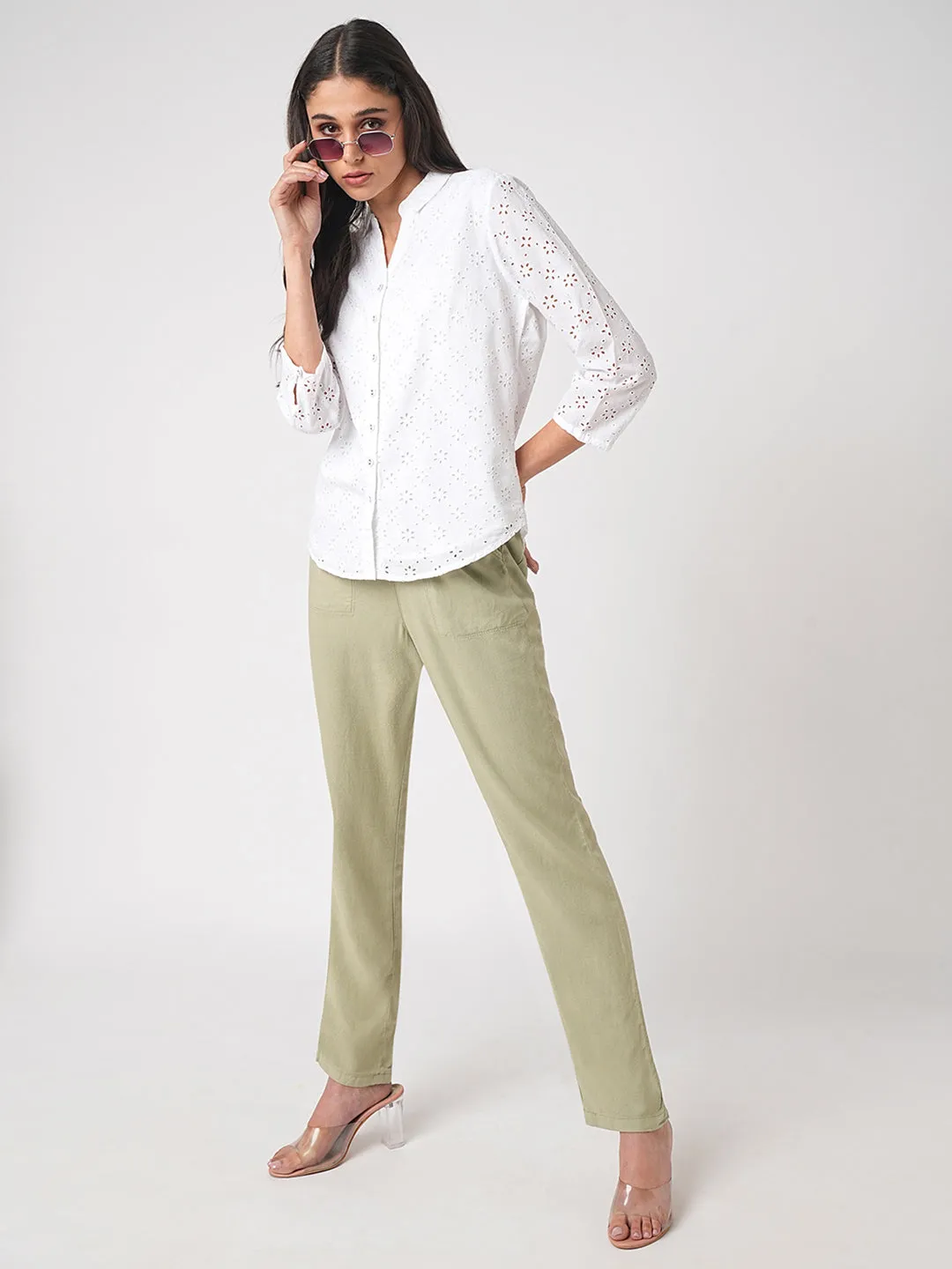 Women Light Olive High-Rise Paper Bag Pants