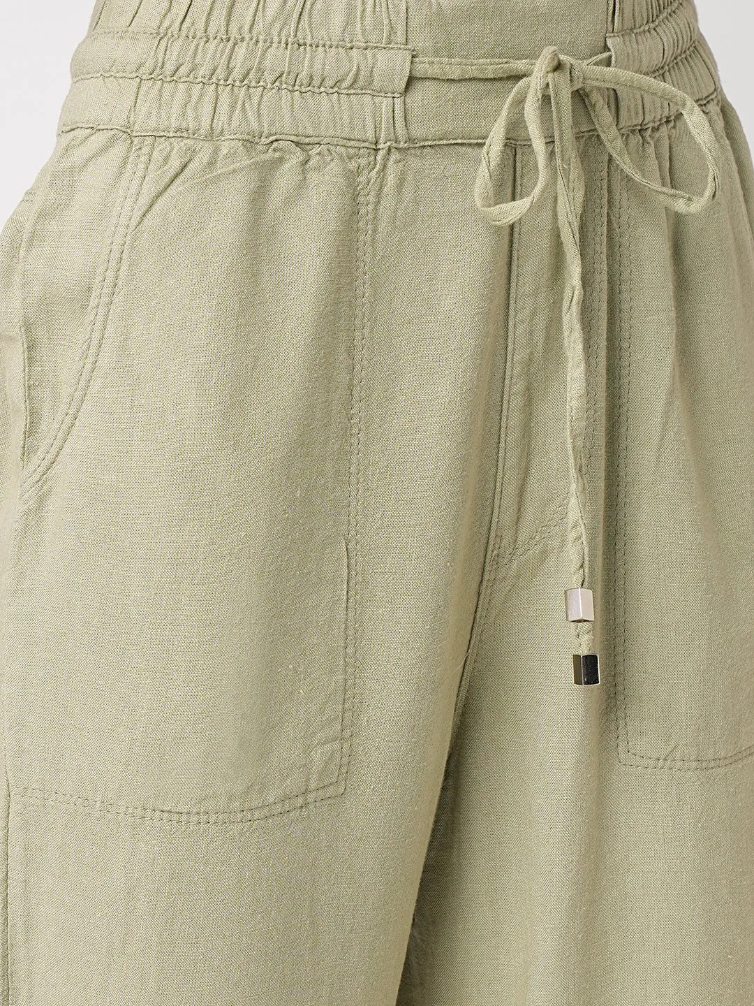 Women Light Olive High-Rise Paper Bag Pants