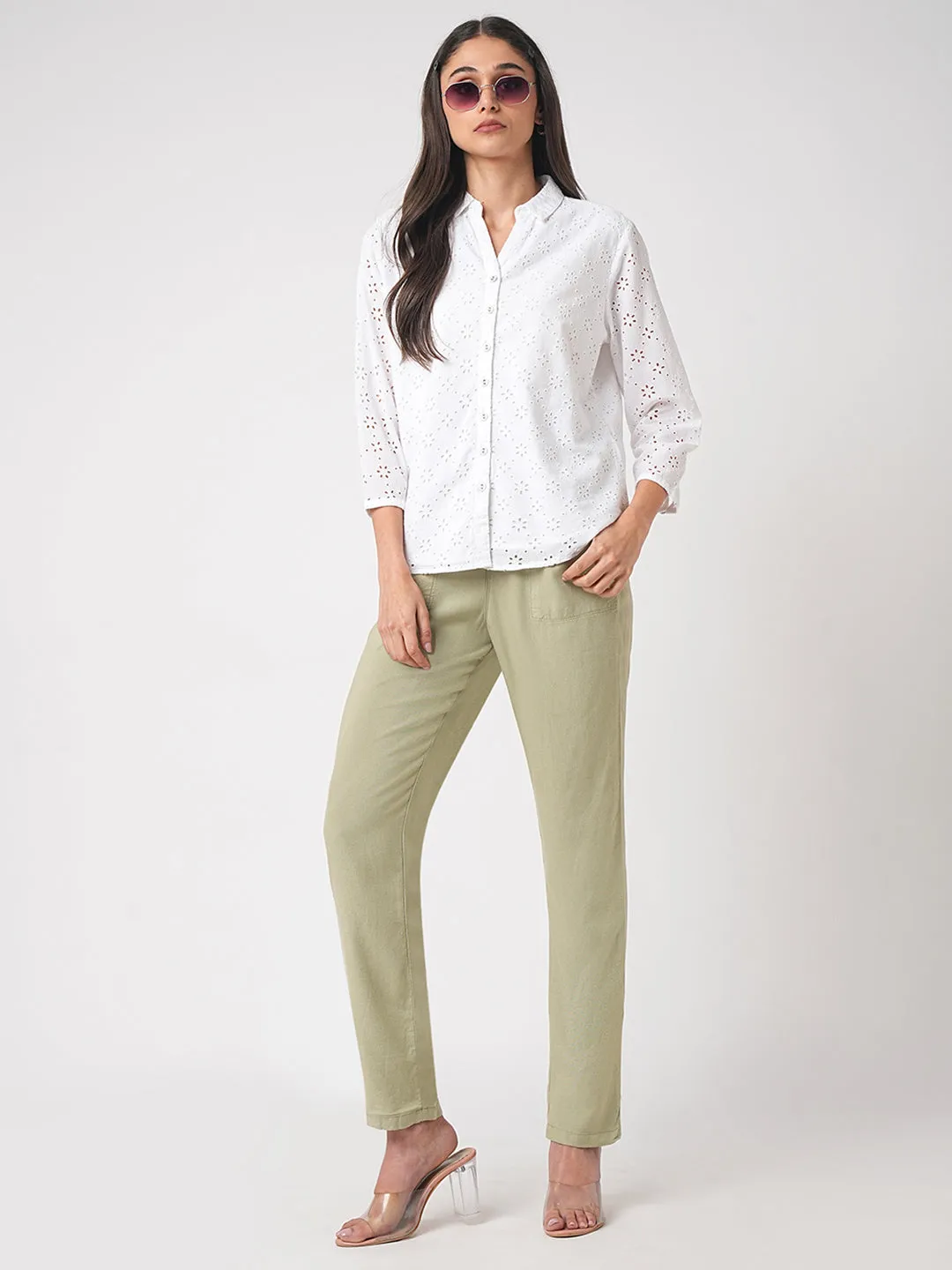 Women Light Olive High-Rise Paper Bag Pants