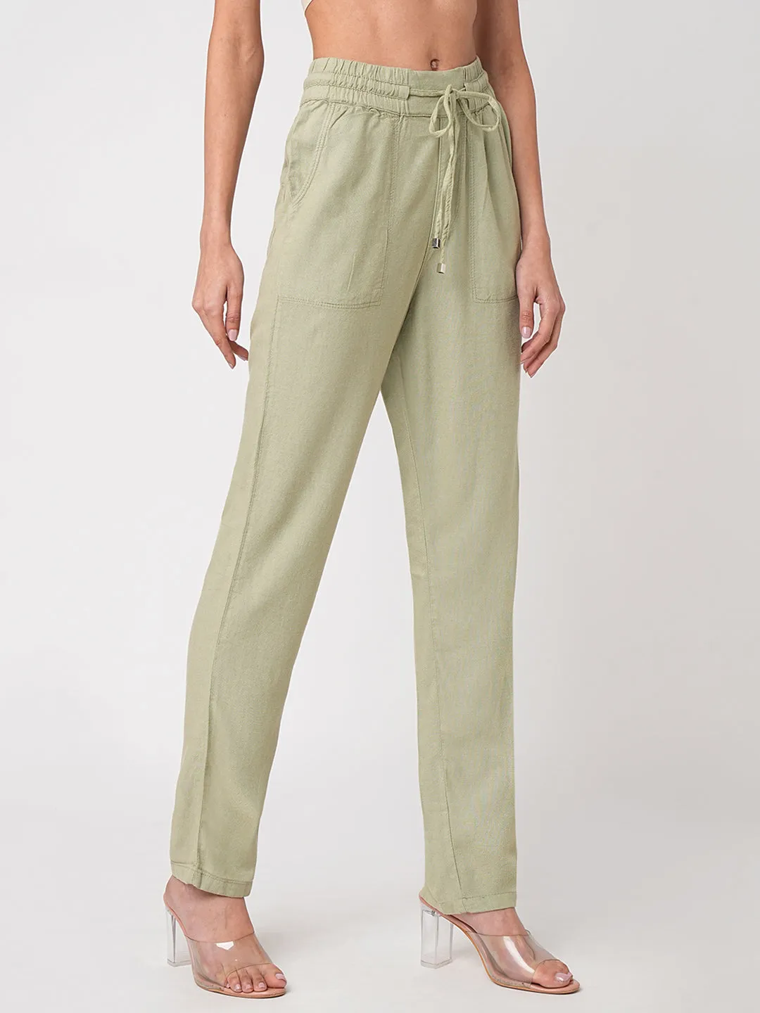 Women Light Olive High-Rise Paper Bag Pants